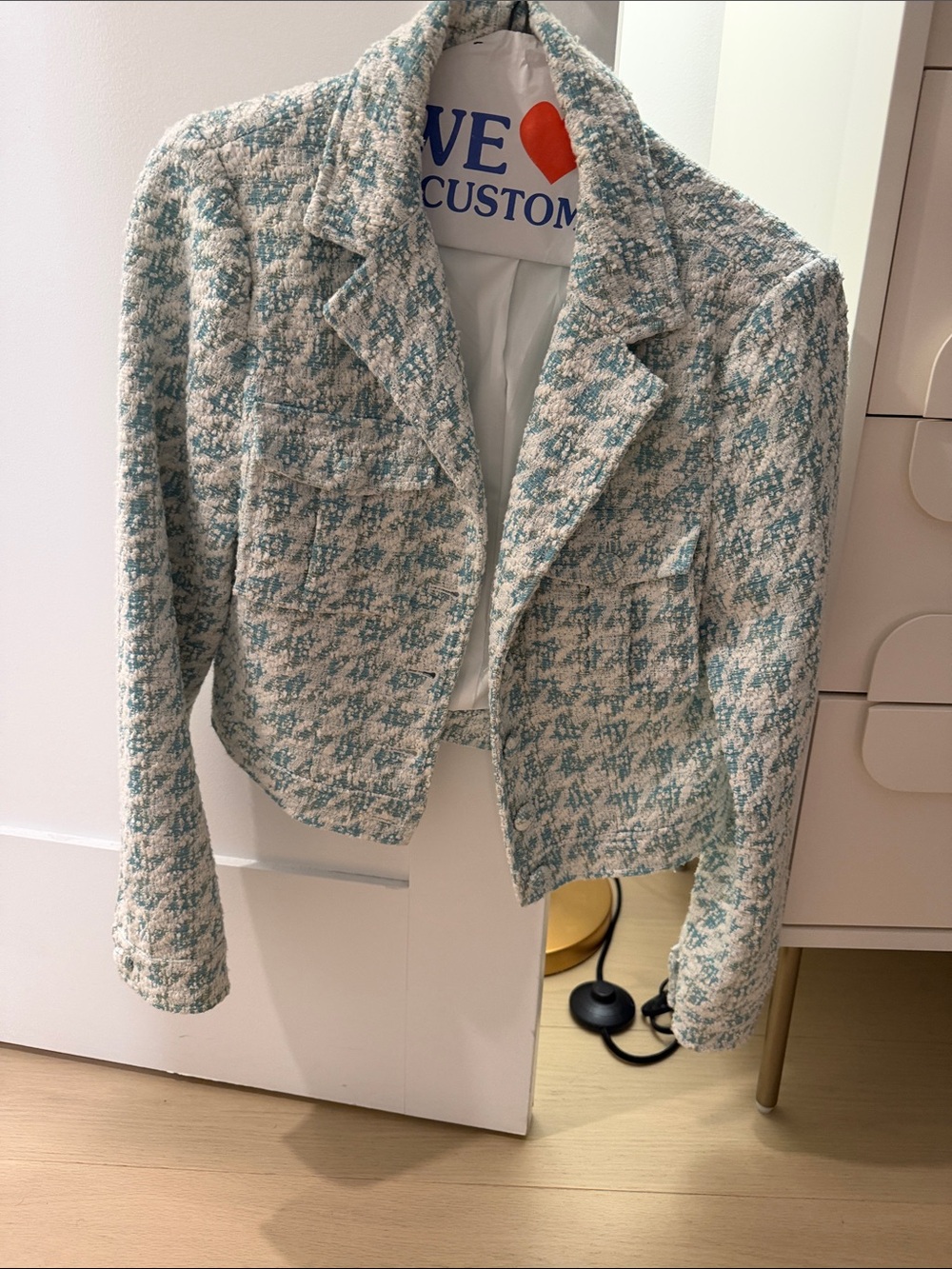 Aqua Cropped Tweed Blazer in Light Blue and Cream